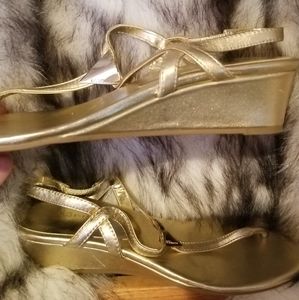 BCBG gold wedge sandals